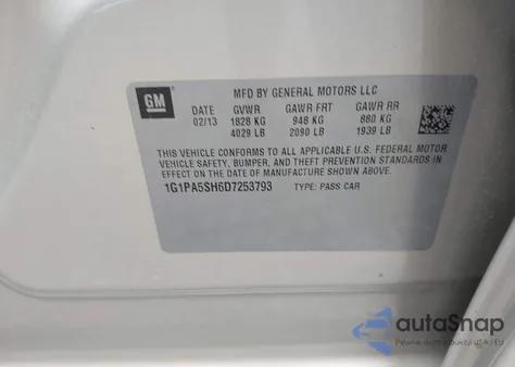 2013 Chevrolet Cruze Ls from USA, damaged, VIN 1G1PA5SH6D7253793